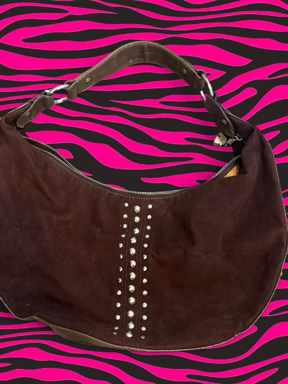 Kathy Van Zeeland Brown Suede Hobo with Stud Accents